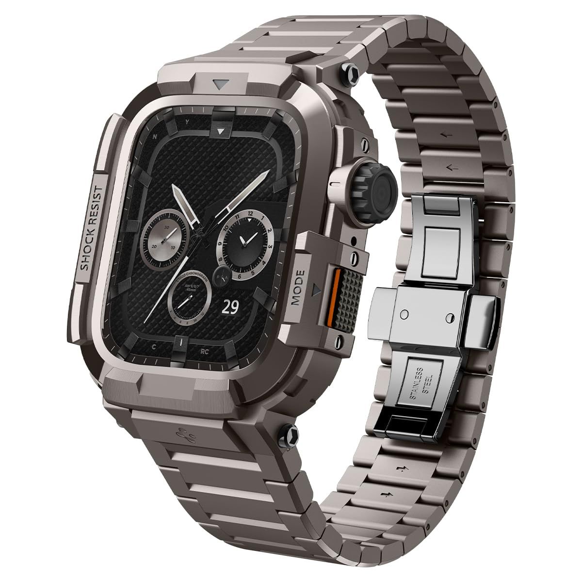 Spigen Metal Armor Pro Apple Watch Series 9/8/7 45mm用に設計された丈夫なステンレススチールケース バンド付き - ガンメタル
