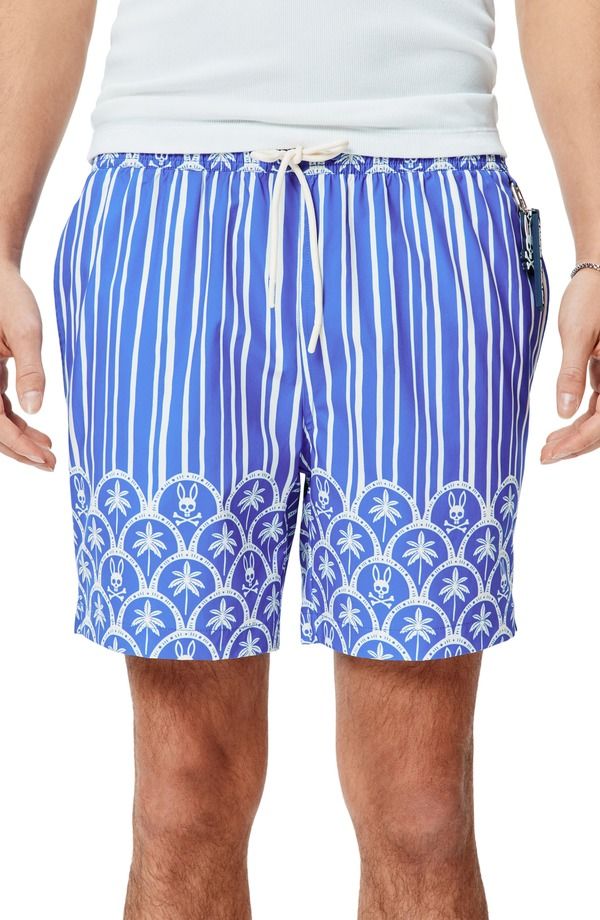 サイコバニー メンズ 水着 ハーフパンツ・ショーツ プリント Psycho Bunny Brad Palm Tree Bunny Print 6Inch Swim Trunks Amparo Blue