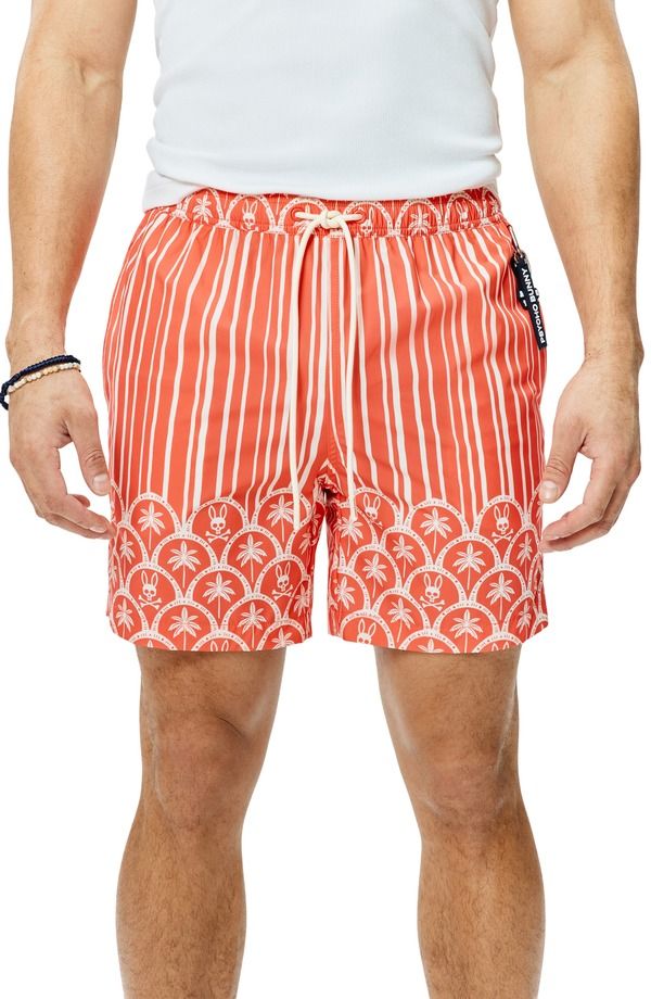 サイコバニー メンズ 水着 ハーフパンツ・ショーツ プリント Psycho Bunny Brad Palm Tree Bunny Print 6Inch Swim Trunks Emberglow