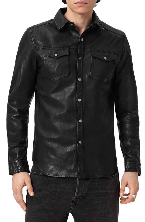 オールセインツ メンズ トップス シャツ レザー AllSaints Irwin Leather SnapUp Shirt Black ブラック