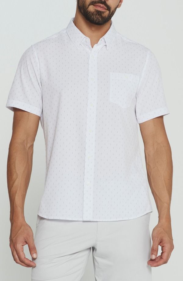 セブンダイヤモンド メンズ トップス シャツ 7 Diamonds Renzo Textured Geo Pattern Short Sleeve Stretch ButtonUp Shirt Whi