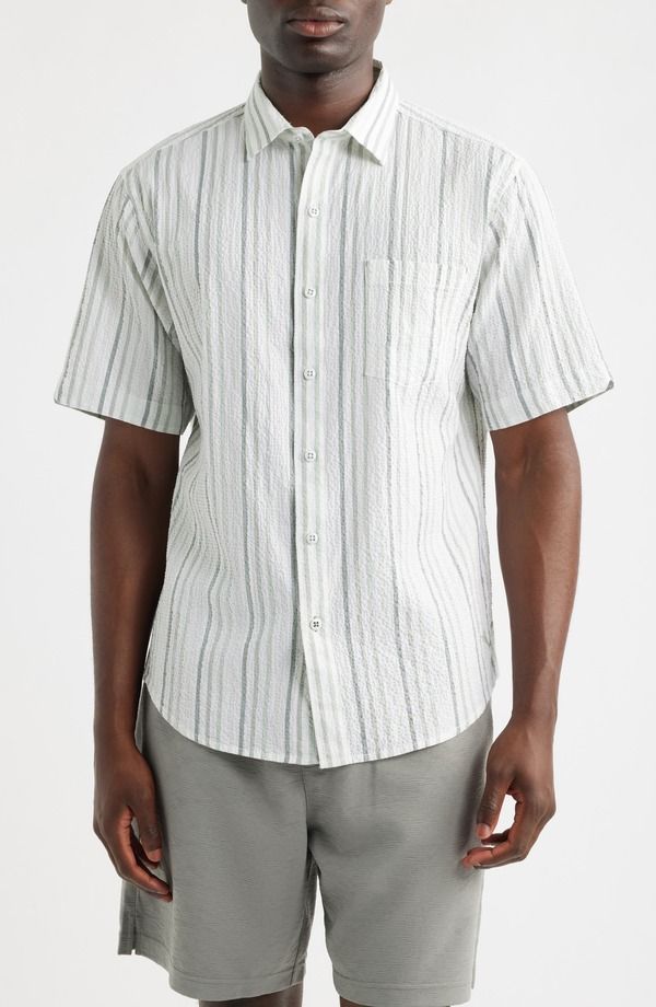 トッミーバハマ メンズ トップス シャツ Tommy Bahama Nova Wave Silve Stripe Short Sleeve Seersucker ButtonUp Shirt Dust