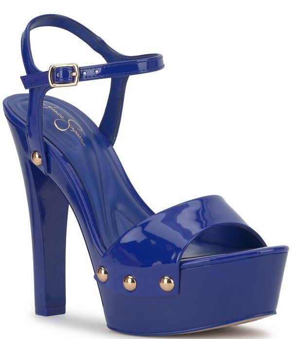 ジェシカシンプソン レディース シューズ サンダル プラットフォーム Jessica Simpson Calenta Patent Stud Platform Sandals Blue Royale