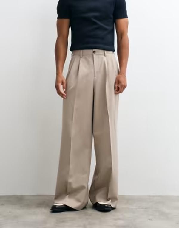 エイソス メンズ ボトムス カジュアルパンツ ASOS DESIGN smart loose leg pants with double pleats in stone ストーン