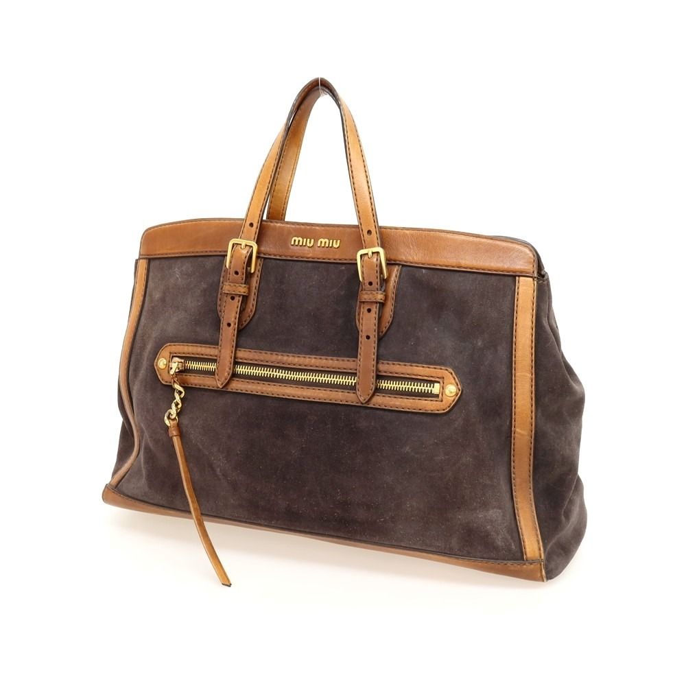 【中古】ミュウ ミュウ Miu Miu スエード レザー 2way トートバッグ ダークグレーxライトブラウン【W45.5xH33xD12.5】【レディース】