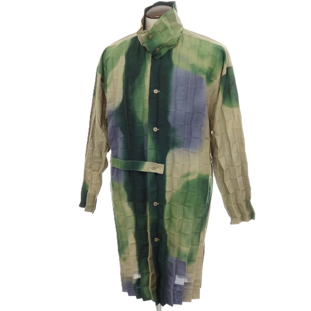 【中古】オム プリッセ イッセイミヤケ HOMME PLISSE ISSEY MIYAKE 2026年春夏 プリーツ ロング丈シャツ グレーベージュxグリーン【サイズ表記なし（L位）】【メンズ】