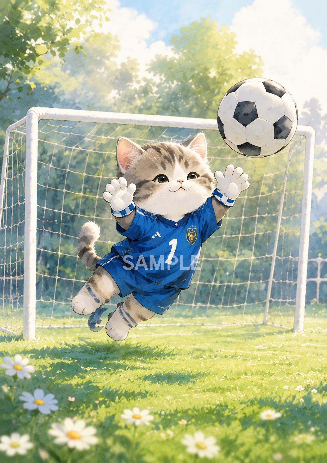 サッカー猫 ゴールキーパー 子猫アート 癒しのインテリアポスター