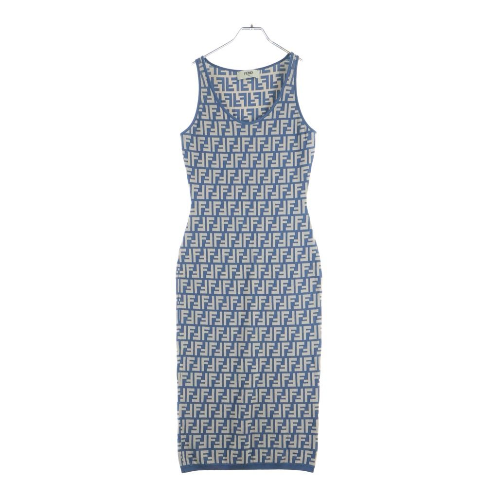 FENDI (フェンディ) 25SS ズッカ柄 ノースリーブ ワンピース ネイビー/ベージュ FZDD38 AUHW
