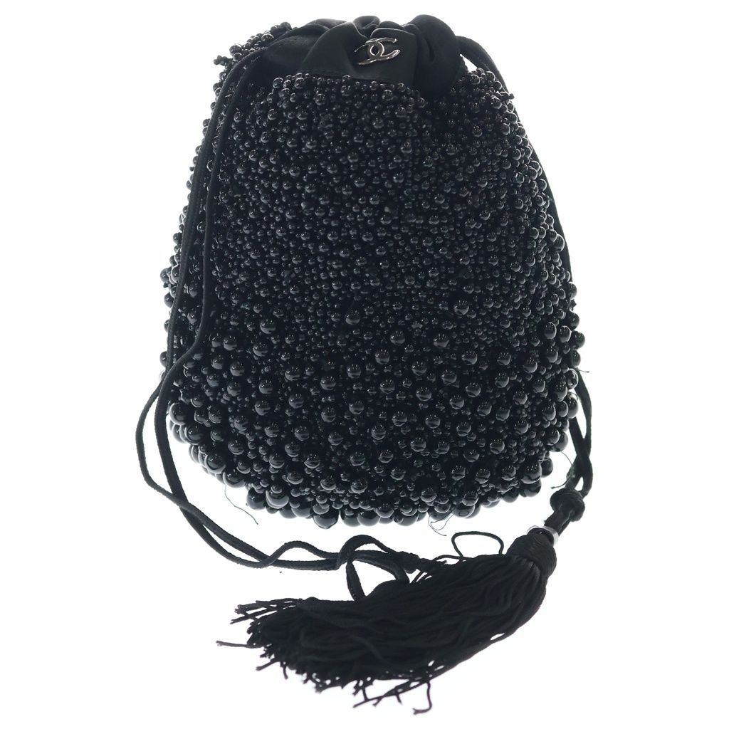 CHANEL (シャネル) ココマーク ビーズ 巾着ポーチ ミニバッグ ブラック サテン 95,288円
