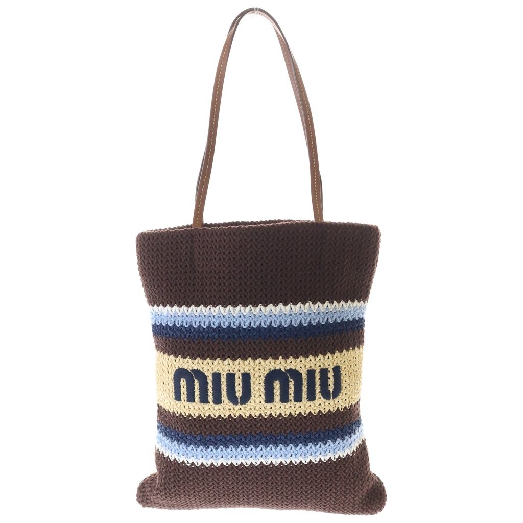 miumiu (ミュウミュウ) ラフィア エフェクト ウーブン トートバッグ ブラウン×ベージュ×ブルー