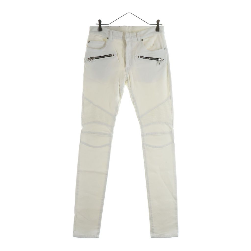 BALMAIN (バルマン) ダブルジップ 蛇腹バイカー デニムパンツ ジーンズ ホワイト S8H9131T138
