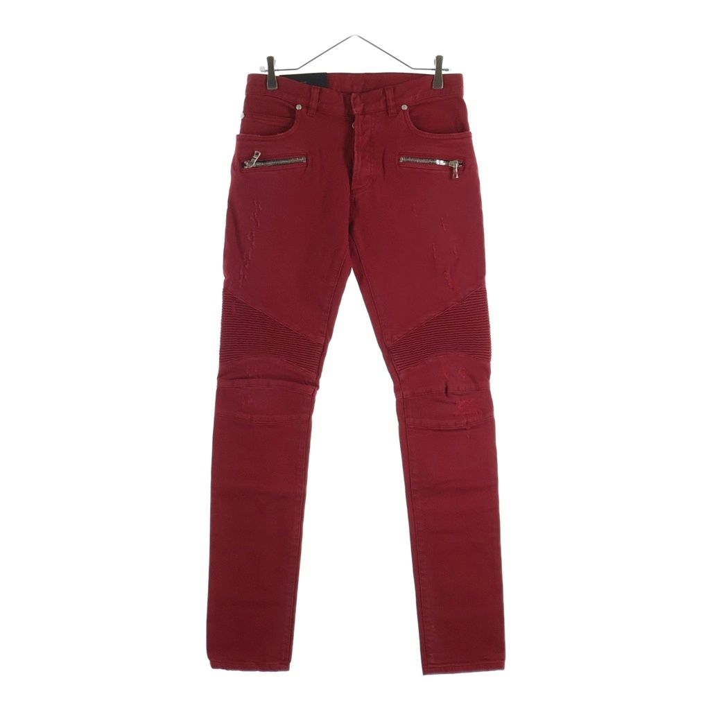 BALMAIN (バルマン) バイカー 蛇腹 ダメージ加工 スリム デニムパンツ ジーンズ レッド RH05130Z058