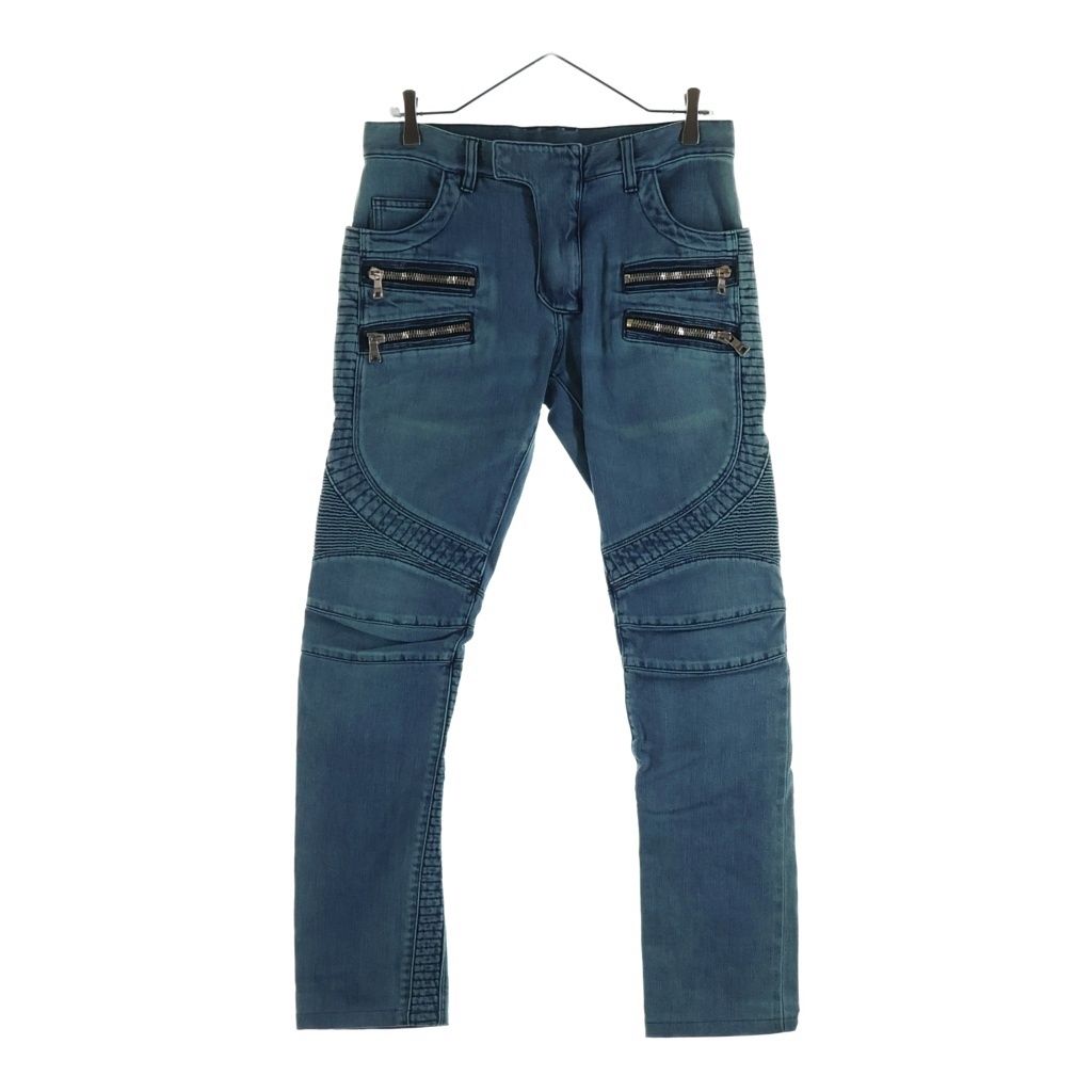 BALMAIN (バルマン) 蛇腹 ストレッチ スリム バイカー デニムパンツ ジップ装飾 S7H9502T014 ブルー