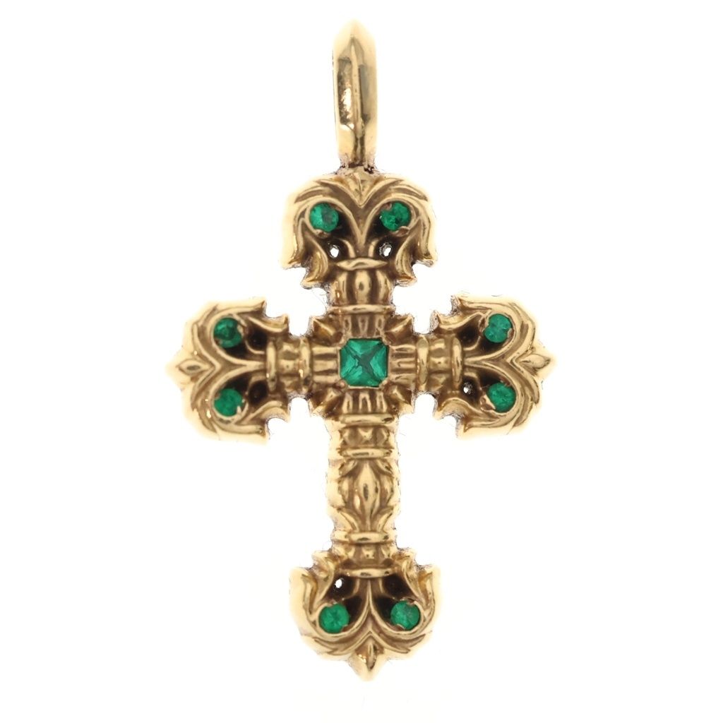 CHROME HEARTS (クロムハーツ) 22K CHARM FILIGREE TINY P EMRLD タイニーフィリグリー PAVEエメラルド ゴールドネックレストップ
