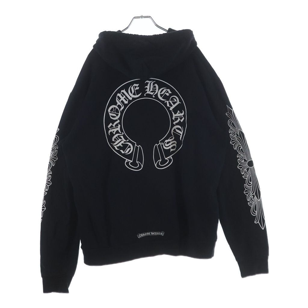 CHROME HEARTS (クロムハーツ) SWTSHRT HD 袖フローラルバックホースシュープリントパーカー ブラック BCS002