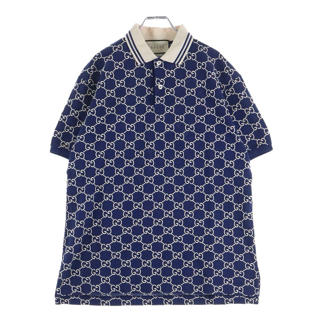 GUCCI (グッチ) GG 総柄 刺繍 コットンストレッチ 半袖ポロシャツ ブルー #L 598956