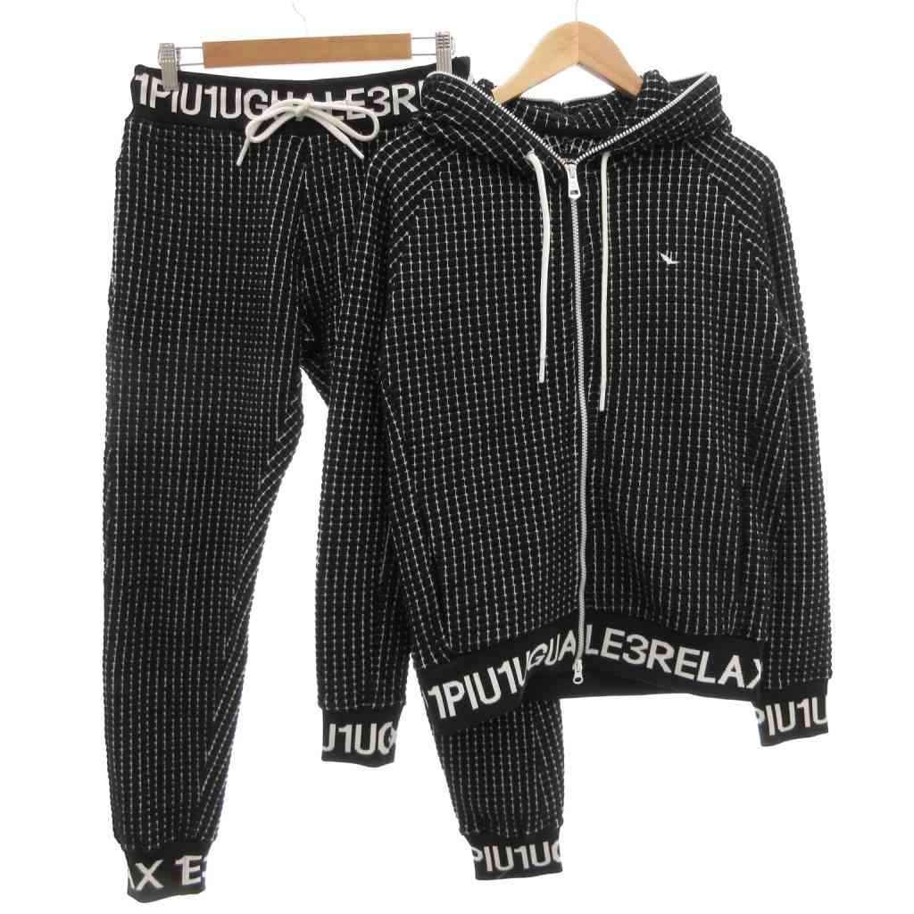ウノピュウノウグァーレトレ リラックス 1PIU1UGUALE3 RELAX セットアップ ジップアップパーカー ジョガーパンツ イージー ワッフルリブ ロゴ 刺繍 チェック S M 黒 ブラック 白 ホワイト /GV ■ECD005