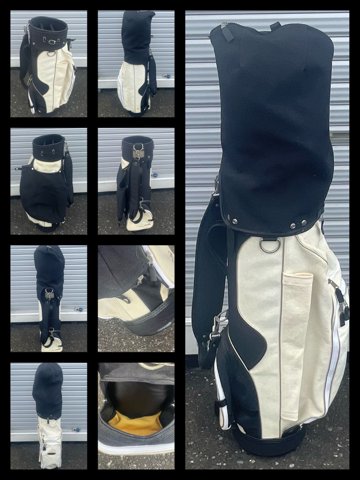 ★送料込み★キャディバッグ★珍しい帆布タイプ麻素材のキャディバッグ(白黒)★フード一体型、キャディバッグ横にホック固定式★おしゃれなキャディバッグバッグ★新品も保管時の汚れ劣化あり★