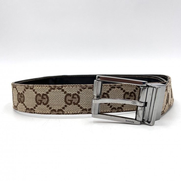 GUCCI（グッチ）GGキャンバス リバーシブル ベルト GG柄 キャンバス レザー シルバー金具 メンズ 98cm【中古】