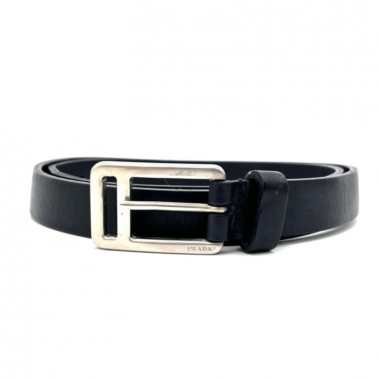 PRADA（プラダ）ロゴ刻印バックル レザーベルト ブラック シルバー金具 C/85? メンズ レディース ユニセックス【中古】