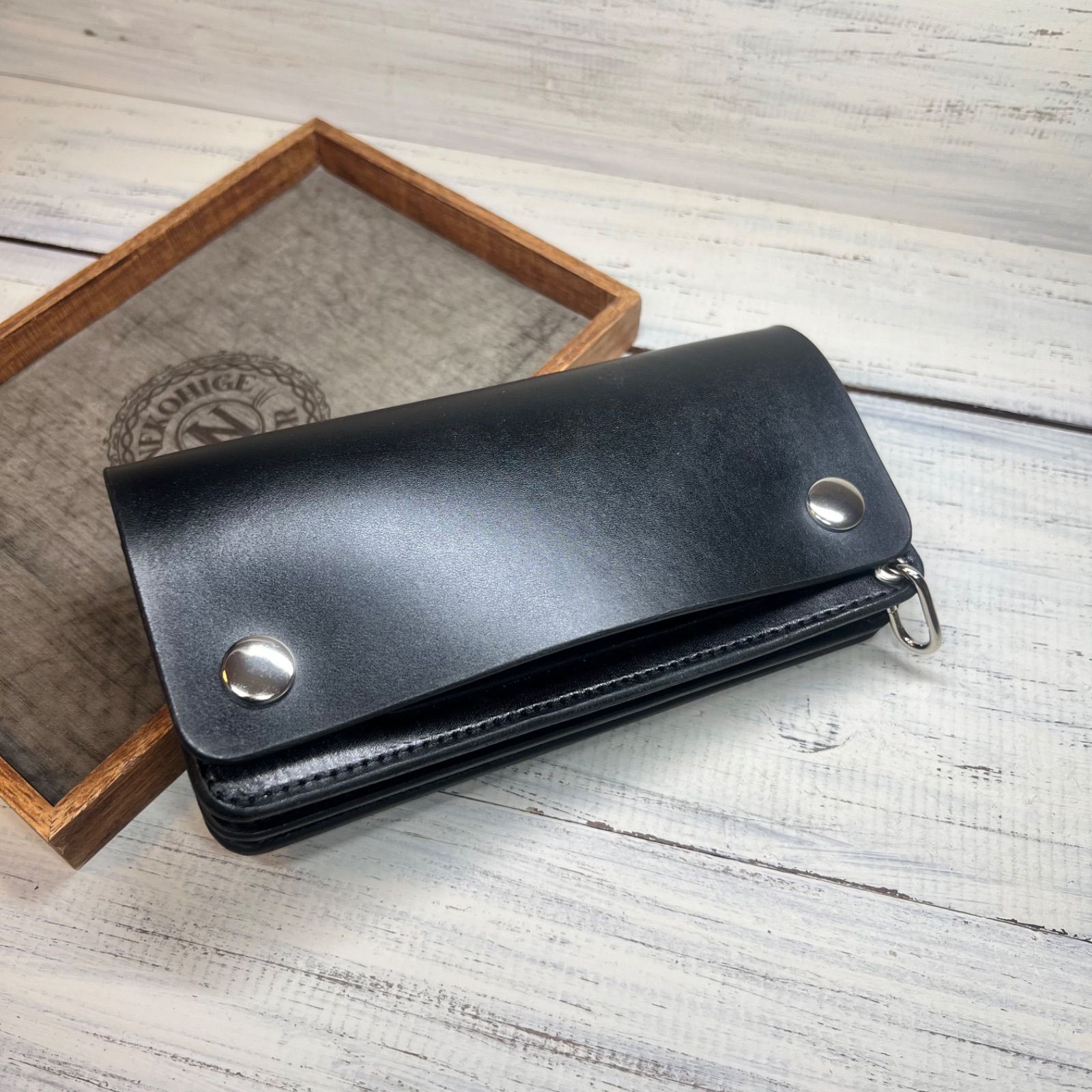 【トラッカーウォレット ロング 3層】 ブラック 北米ステア シルバー YKK