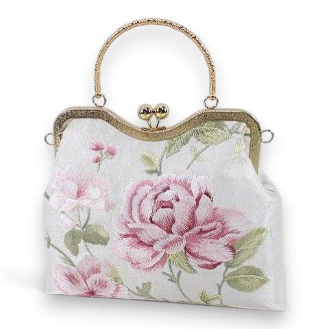 ハンドバッグ ローズステッチ 手提げ 薔薇 ゴールド金具 ホワイト 白系