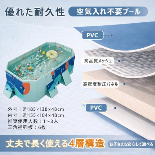 OMATA 2026新改良 折りたたみプール 大型 長方形 ビニールプール 空気入れ不要 1秒高速オープン 超簡単設置 家庭用・子供用 屋内・屋外兼用 耐高温・耐摩擦・安全無毒 水遊び・猛暑対策・夏休み必須 簡単排水・折り畳み収納 日本語説明 55c992fc