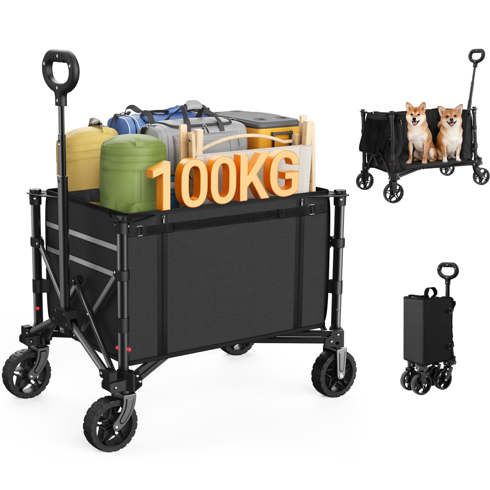 Raynesys キャリーワゴン アウトドアワゴン 耐荷重100kg 大容量120L キャンプカート ワンタッチ収束 折り畳み式 自立収納 静音 キャンプ/砂浜/釣り/引越し/買い物/ゴミ出し 収納カバー付き Blackt ed222f57