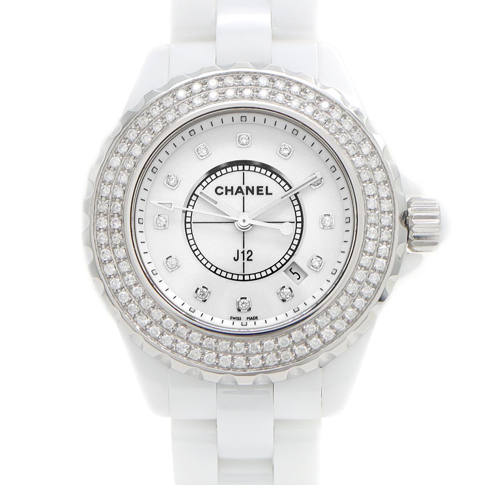 電池交換済 CHANEL シャネル J12 33mm ダイヤベゼル H1628 ダイヤモンド 12Pダイヤ デイト 200m防水 白 ホワイト SS ステンレス CE セラミック アフターダイヤ レディース クォーツ【6ヶ月保証】【腕時計】【中古】