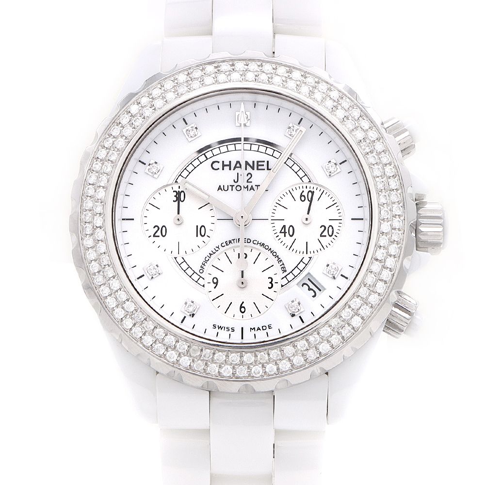 CHANEL シャネル J12 41mm クロノグラフ 2重ダイヤベゼル H2009 ダイヤモンド 9Pダイヤ 200m防水 デイト 白 ホワイト CE セラミック SS ステンレス アフターダイヤ メンズ 自動巻き【6ヶ月保証】【腕時計】【中古】
