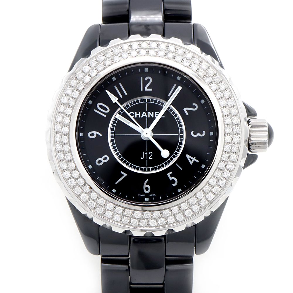 電池交換済 CHANEL シャネル J12 33mm ダイヤベゼル H0682 ダイヤモンド デイト 200m防水 黒 ブラック CE セラミック SS ステンレス アフターダイヤ レディース クォーツ【6ヶ月保証】【腕時計】【中古】