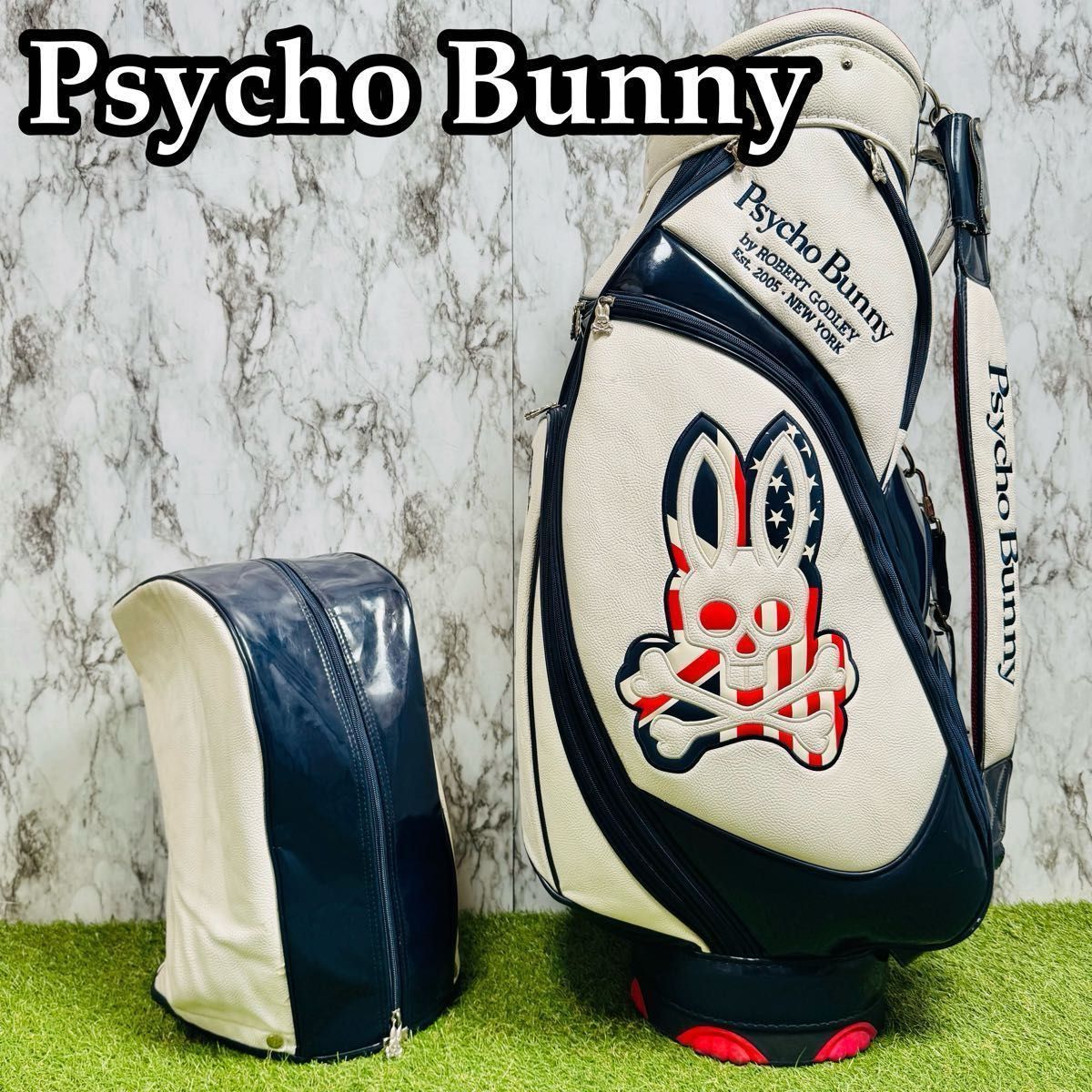 【良品】大人気モデル サイコバニー カート式 キャディバッグ ホワイト×ネイビー 良品】大人気モデル サイコバニー カート式 キャディバッグ ホワイト
