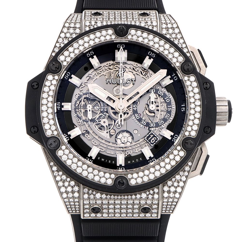 HUBLOT ウブロ キングパワー ウニコ チタニウム パヴェ 701.NX.0170.RX.1704 クロノグラフ 純正ダイヤモンド パヴェダイヤ デイト 黒 ブラック グレー スケルトン Ti チタン メンズ 自動巻き【6ヶ月保証】【腕時計】【中古】