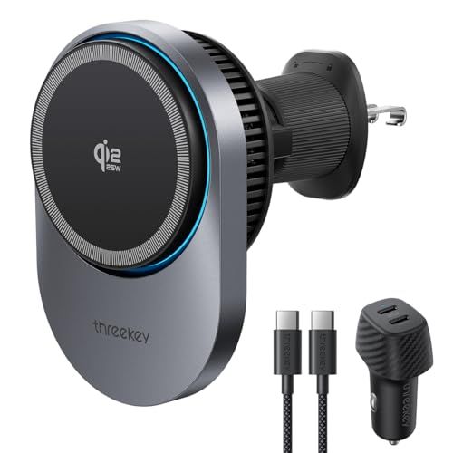 【新品】THREEKEY for Qi2 25W公式認定 マグセーフ車載充電器ホルダー Liteモデル TEC冷却ファン搭載 / 2種類の取付方法 / エアコンルーバー＆ダッシュボード両対応/iPhone 17-12 / Galaxy S26 85502c3b