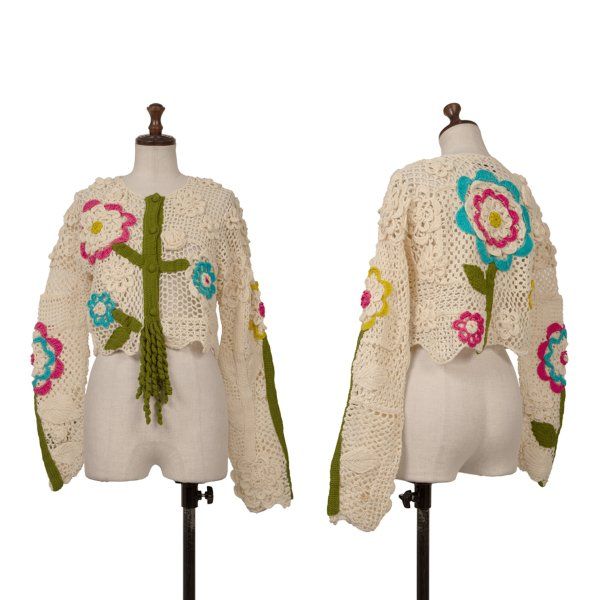 ツモリチサトTSUMORI CHISATO ウールフローラル編みショートニットカーディガン アイボリー他M