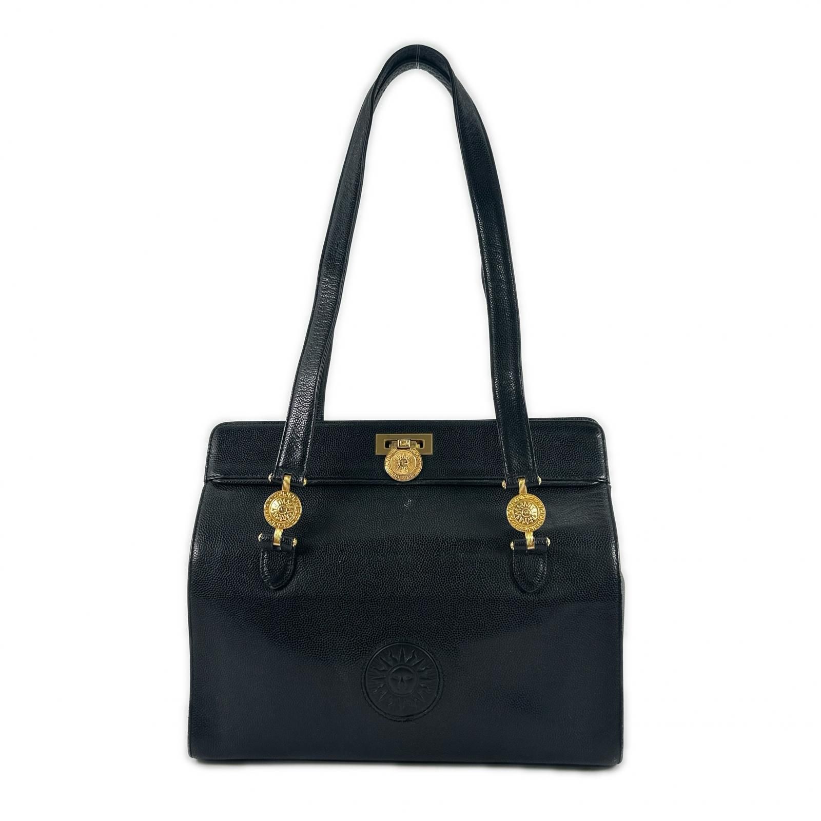 新着】Versace サンバースト レザー ブラック トートバッグ ゴールド