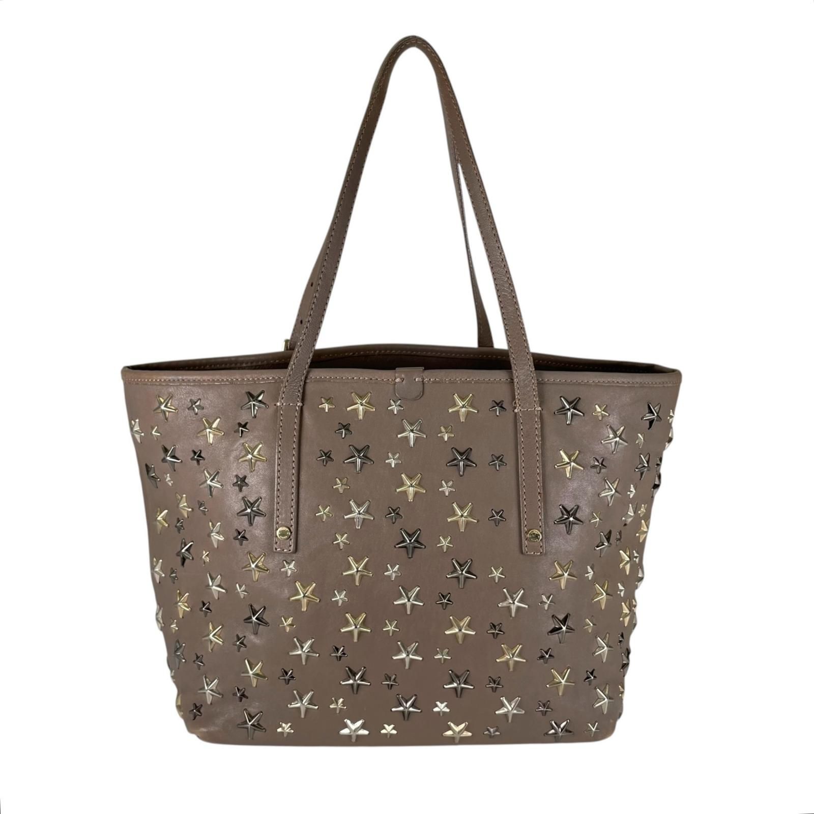 JIMMY CHOO サシャ トート　ハンド　ショルダーバッグ　シルバースター 新着】JIMMY CHOO スタースタッズ レザー グレー トートバッグ