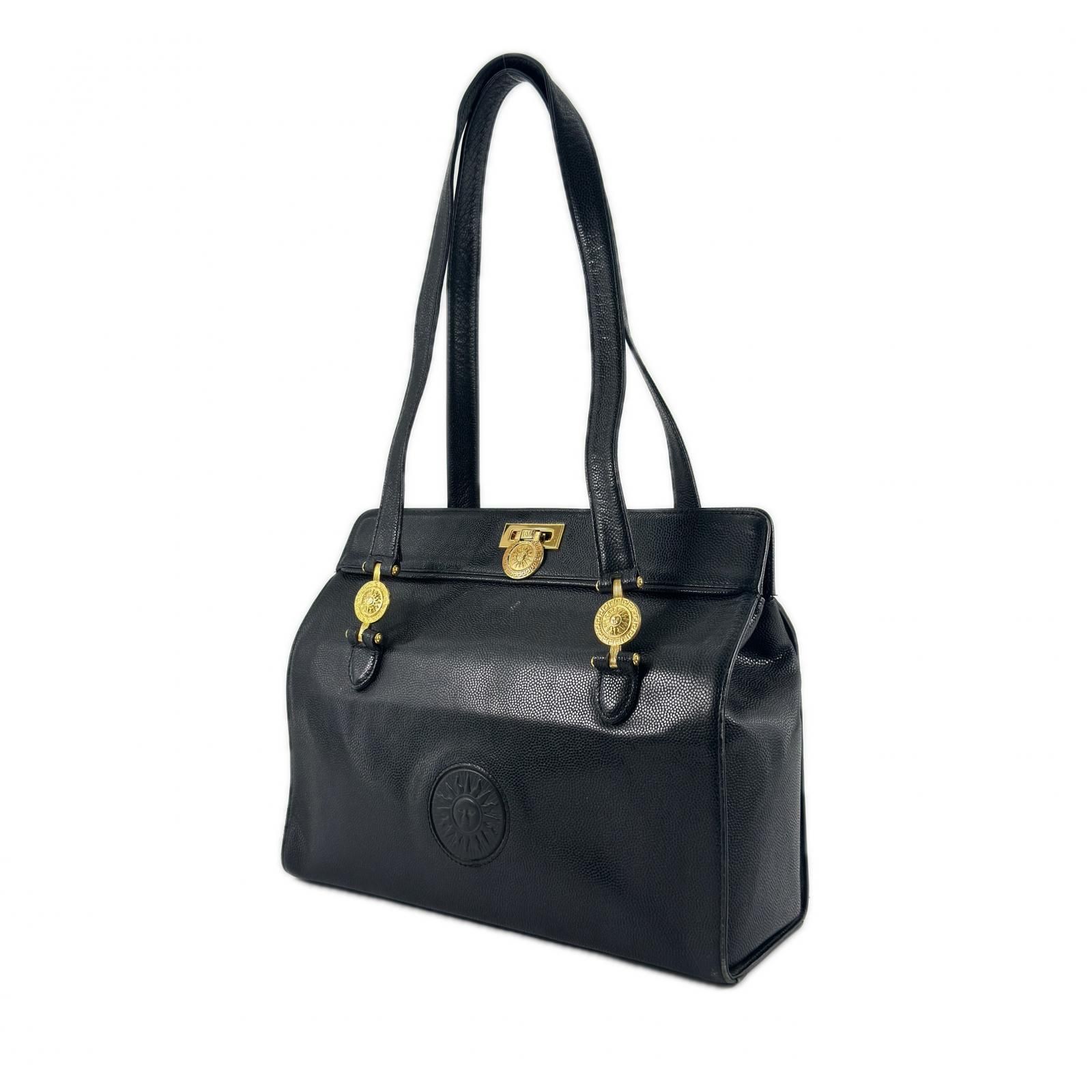 新着】Versace サンバースト レザー ブラック トートバッグ ゴールド