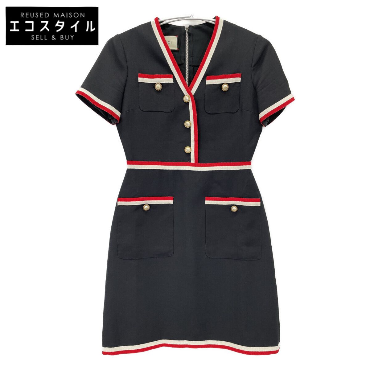 GUCCI　グッチ　572304 ネイビー ブラック インターロッキングG パールボタンショートスリーブワンピース　38