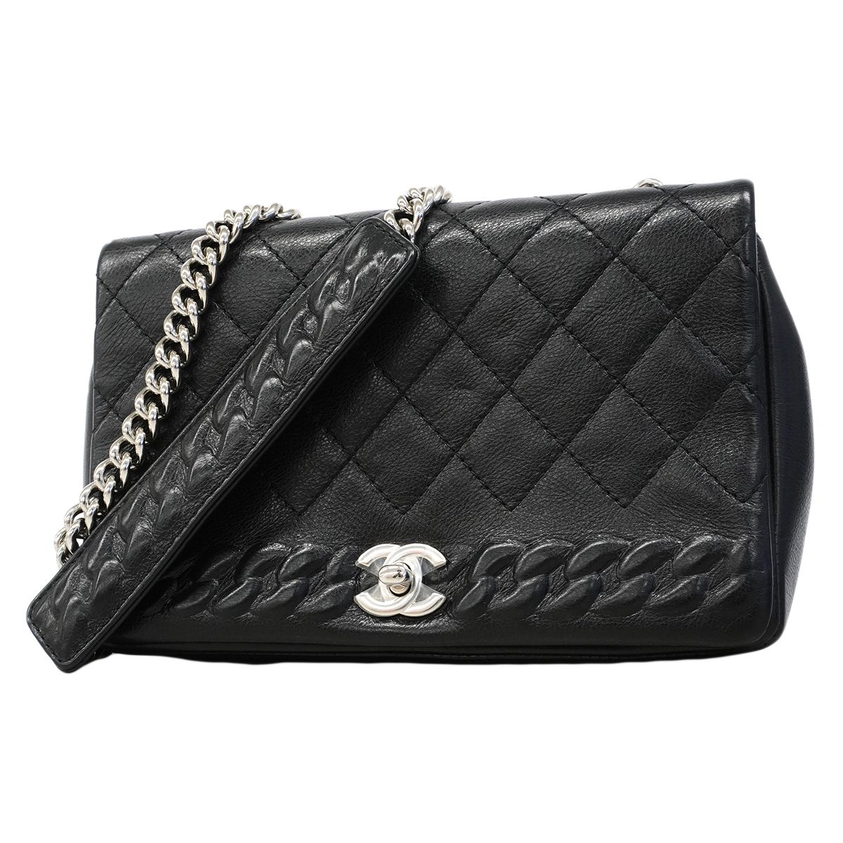 【6fa1935】シャネル ショルダーバッグ マトラッセ レザー ブラック シルバー金具【中古】レディース