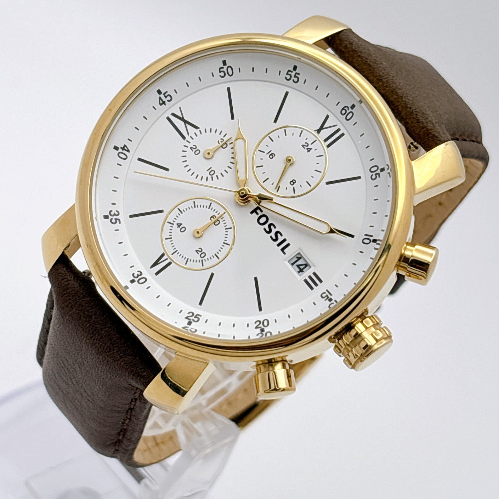FOSSIL フォッシル RHETT クロノグラフ BQ1009 メンズ クォーツ 腕時計 ゴールド ブラウン革ベルト 稼働品 310