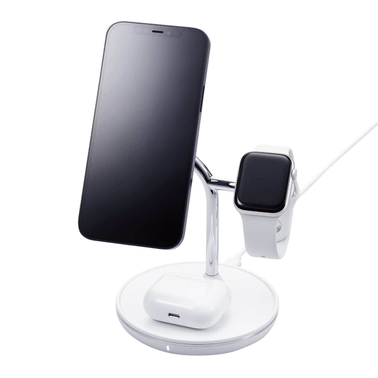 エレコム ワイヤレス充電器 3in1 3台同時充電 [Magsafe対応のiPhone/Apple Watch/AirPods] マグネット内蔵 7.5W+5W Type-C(入力ポート) C-Cケーブル付属 Apple正規認 [ホワイト] [1)充電器単体]
