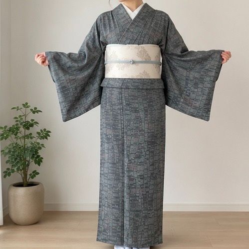K230 美品 単衣 立沸 横段 小紋 正絹 和装 和服 着物 - メルカリ