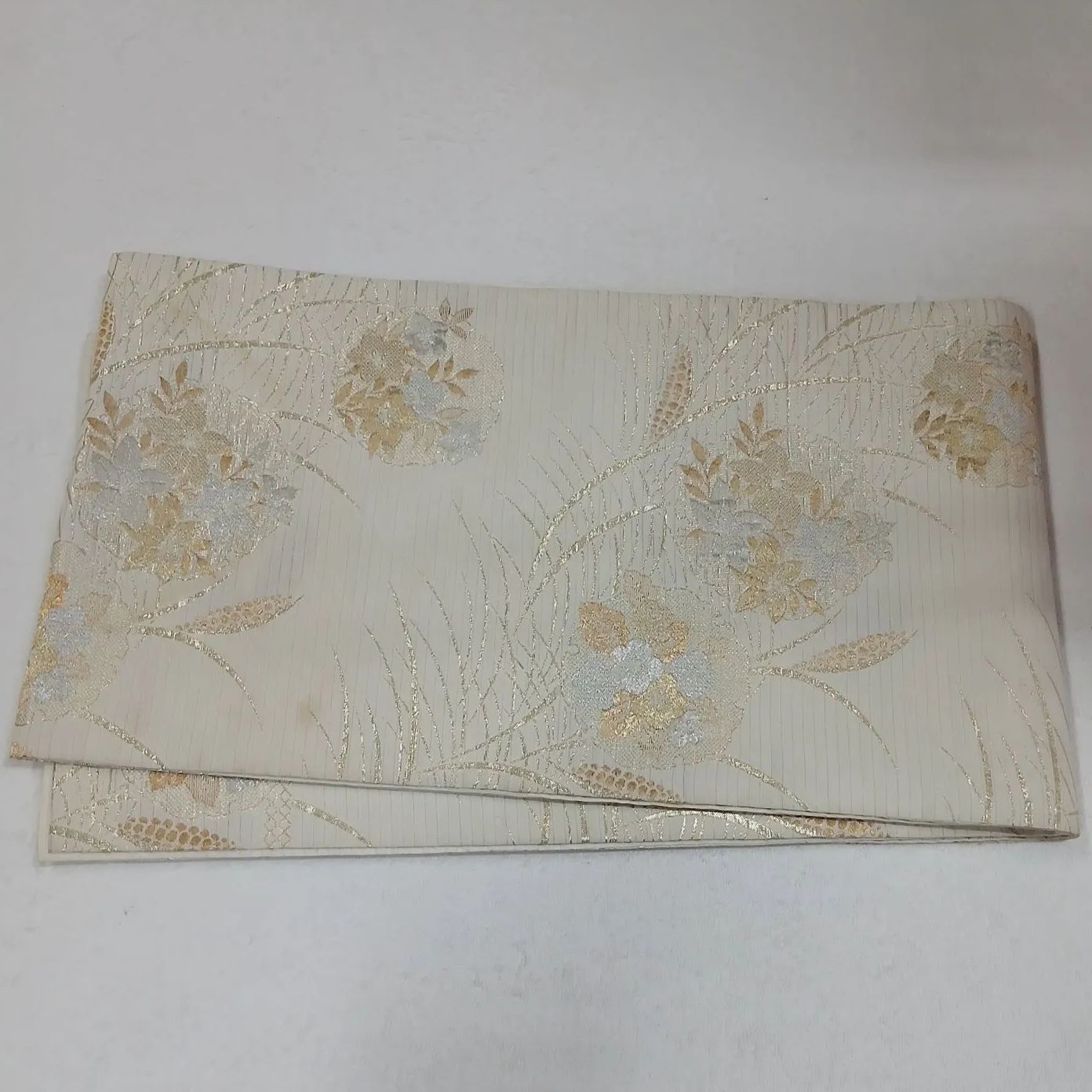 111 帯 袋帯 夏帯 アイボリー 秋草文様 花丸文 銀糸 金糸 絽