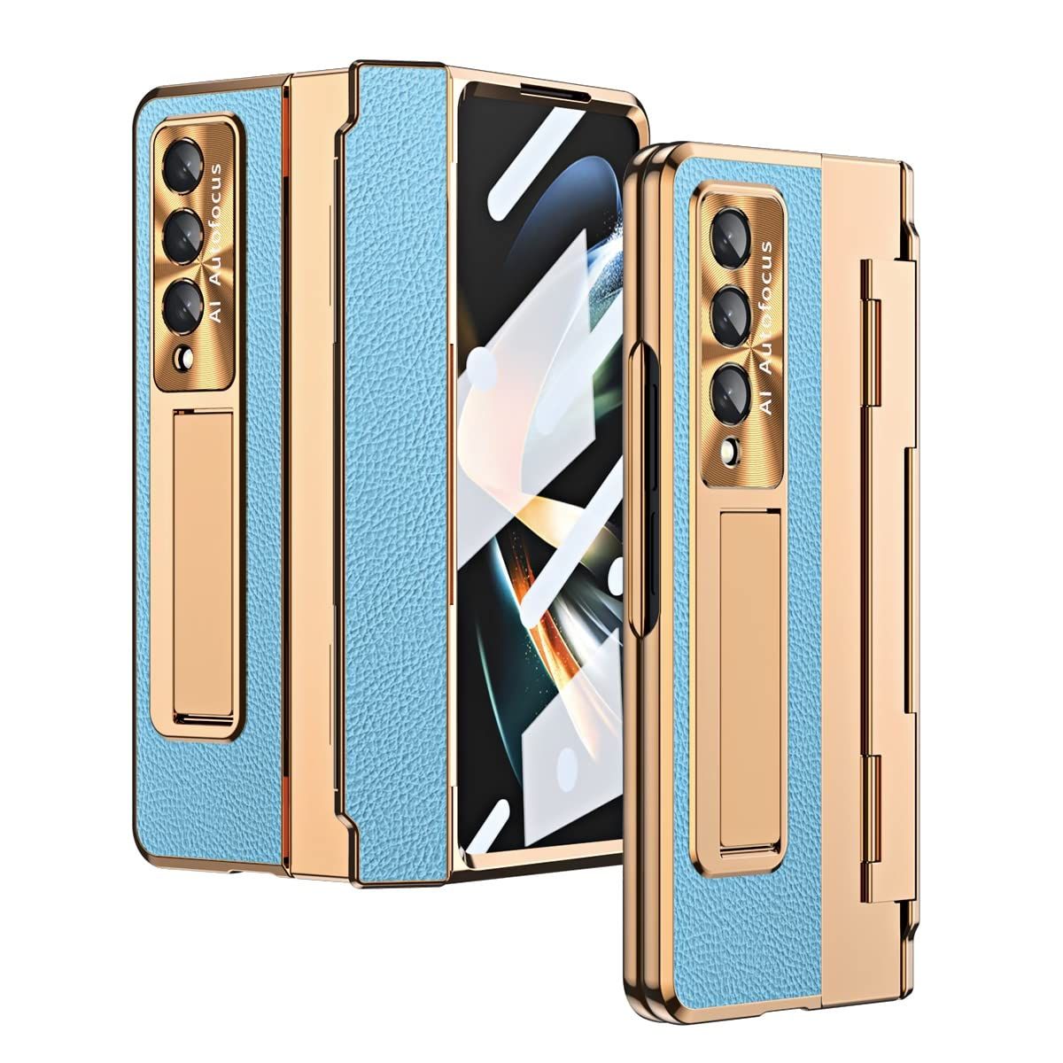 Galaxy Z Fold3 / W22携帯360度の完全な保護 ケース+強化ガラスフィルム レザー模様 メッキフレーム，肌にやさしい つや消しの表面 指紋防止 手帳型 180度折り畳み式ワンピース ブラケット機能人気 QI充電 ワイヤレス 金属レンズ保護カバ