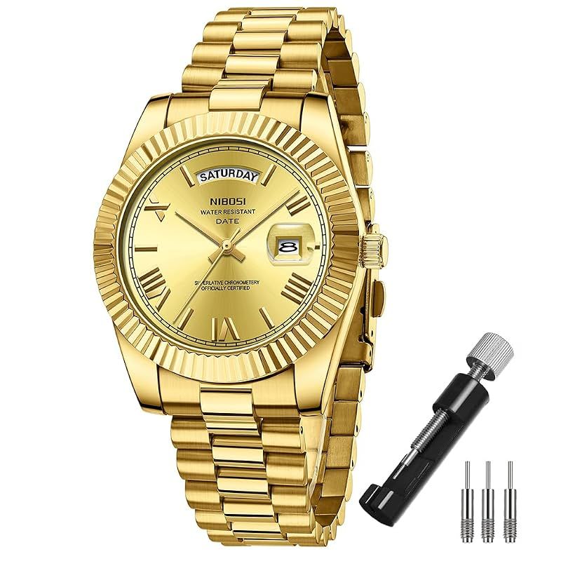 [Brand New] NIBOSI Men's Stainless Steel Business Waterproof Analog Metal Band Casual Date Classic Luxury Gift Gold 0