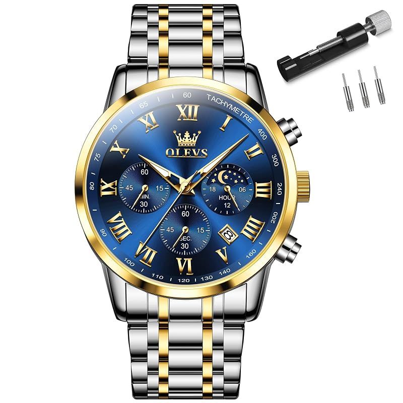 [Brand New] Men's Silver Gold Watch, Popular Waterproof Analog Quartz Business Watch, Blue Stylish Metal Band, Men's Watch, Date, Simple, Large Dial, Blue Roman Numeral Olevs Watch, Chronograph, Moon Swatch, Present 0