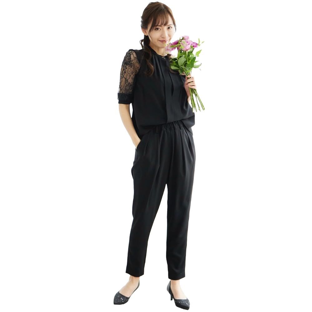 [MORE AUNI] スリーブレース切り替えパンツドレス セットアップ 上品 おしゃれ 結婚式 二次会 入学式 卒業式 スリーブレースデザイン 華やか セレモニー オケージョン フェミニン 着心地快適 72417 ブラック S [ブラック] [S]
