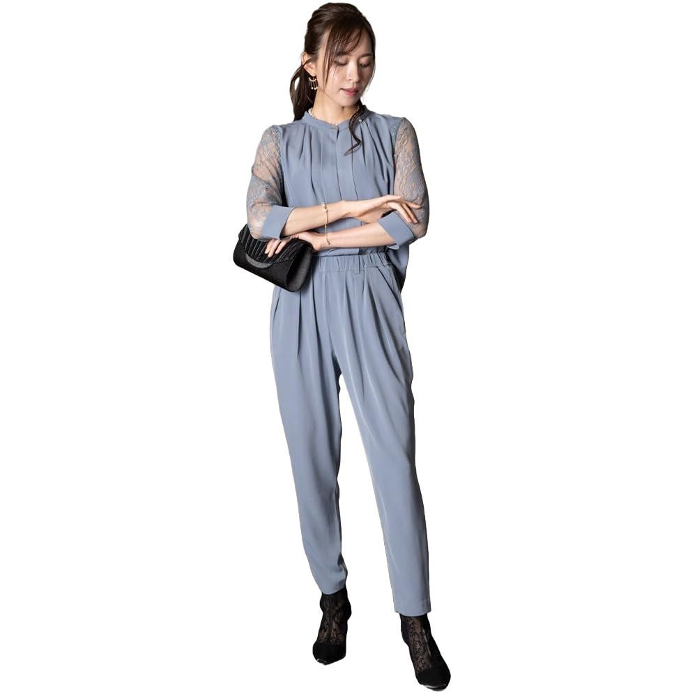 [MORE AUNI] スリーブレース切り替えパンツドレス セットアップ 上品 おしゃれ 結婚式 二次会 入学式 卒業式 軽い生地 ゴールド留め具 袖カフス 洗練 上品 きれいめドレス デイリー同窓会 72417 サックスブルー L [サックスブルー] [L]