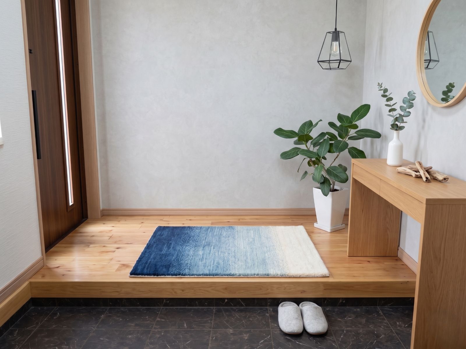 ハンドメイド　夏は涼しく冬は暖かい ガゼニラハットColor 玄関マット　ラグ　92x62㎝　Blue　P88BL